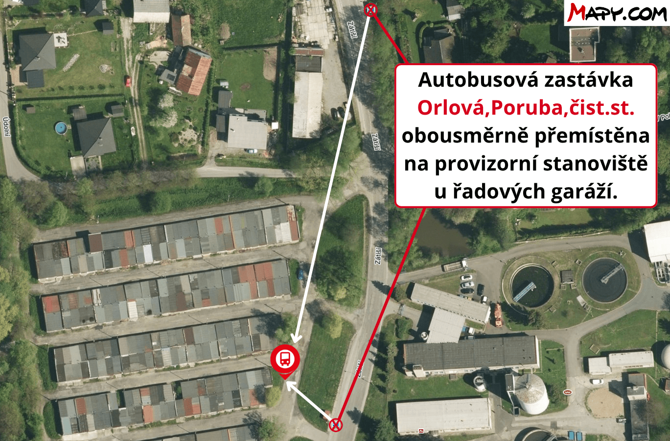 Autobusová zastávka Orlová, Poruba, čist. st. obousměrně přemístěna na provizorní obratiště u řadových garáží..png