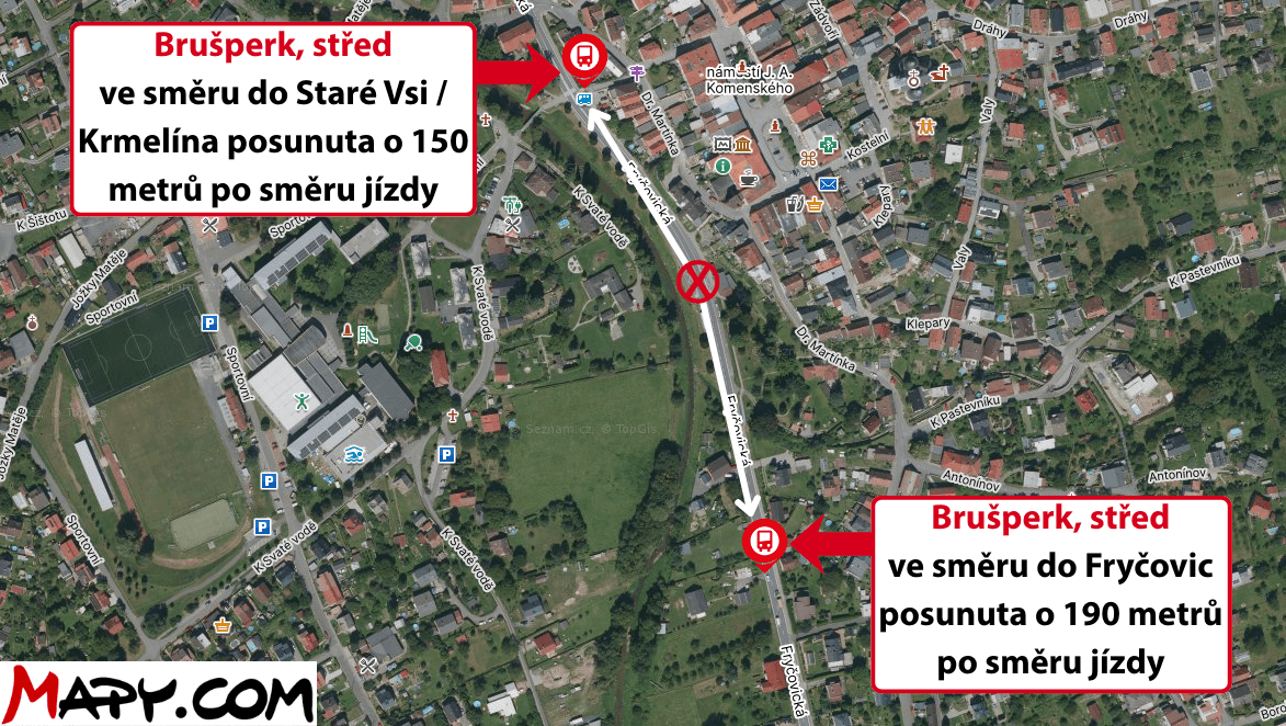 Brušperk, střed ve směru do Staré Vsi Krmelína posunuta o 150 metrů po směru jízdy.png