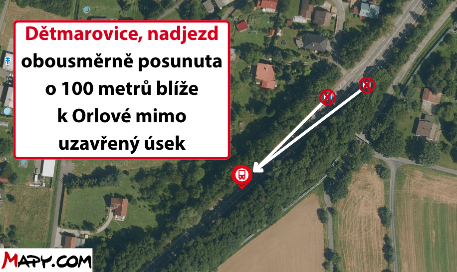 Dětmarovice, nadjezd obousměrně posunuta o 100 metrů blíže k Orlové mimo uzavřený úsek.png