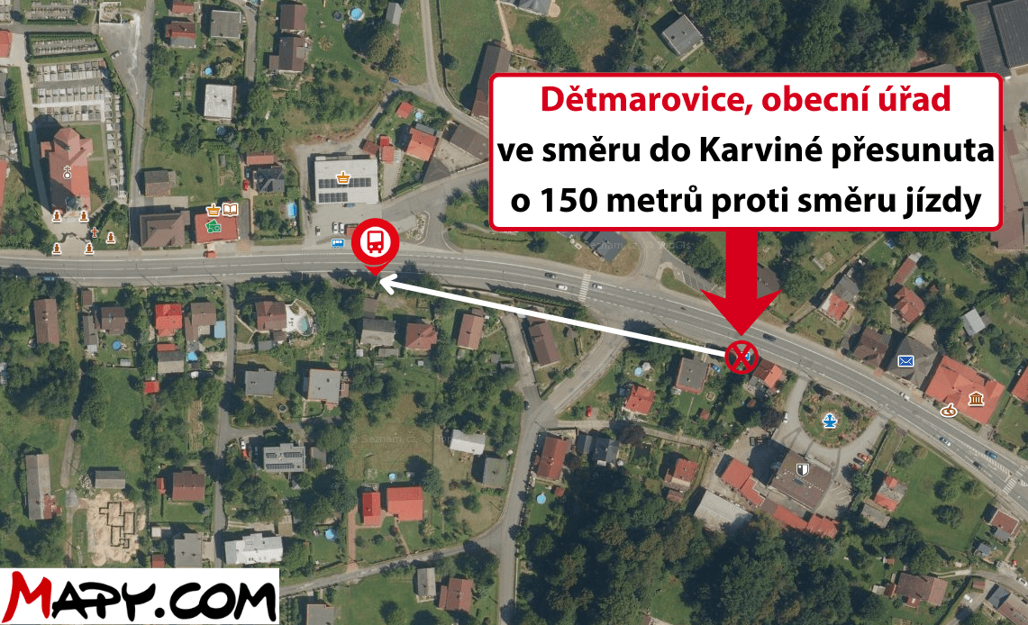Dětmarovice, obecní úřad ve směru do Karviné přesunuta o 150 metrů proti směru jízdy.png