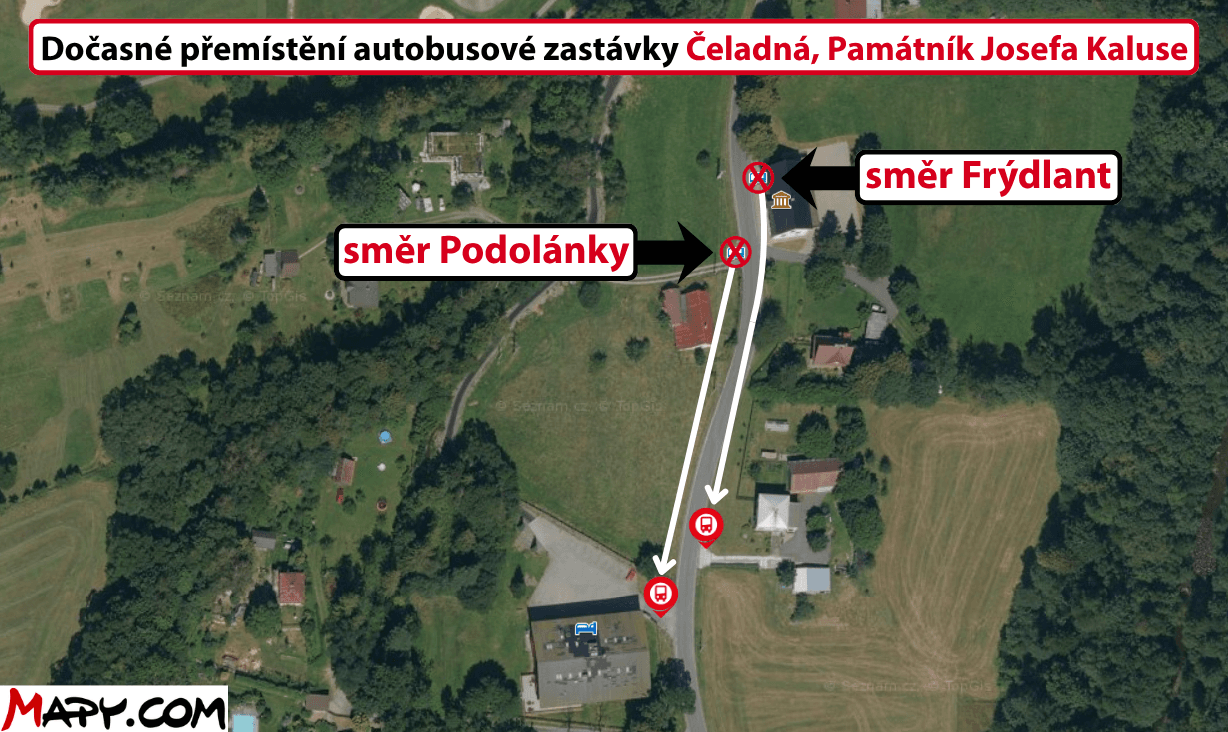 Dočasné přemístění autobusové zastávky Čeladná, památník Josefa Kaluse.png