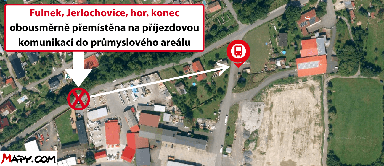 Fulnek, Jerlochovice, hor. konec obousměrně přemístěna na příjezdovou komunikaci do průmyslového areálu.png