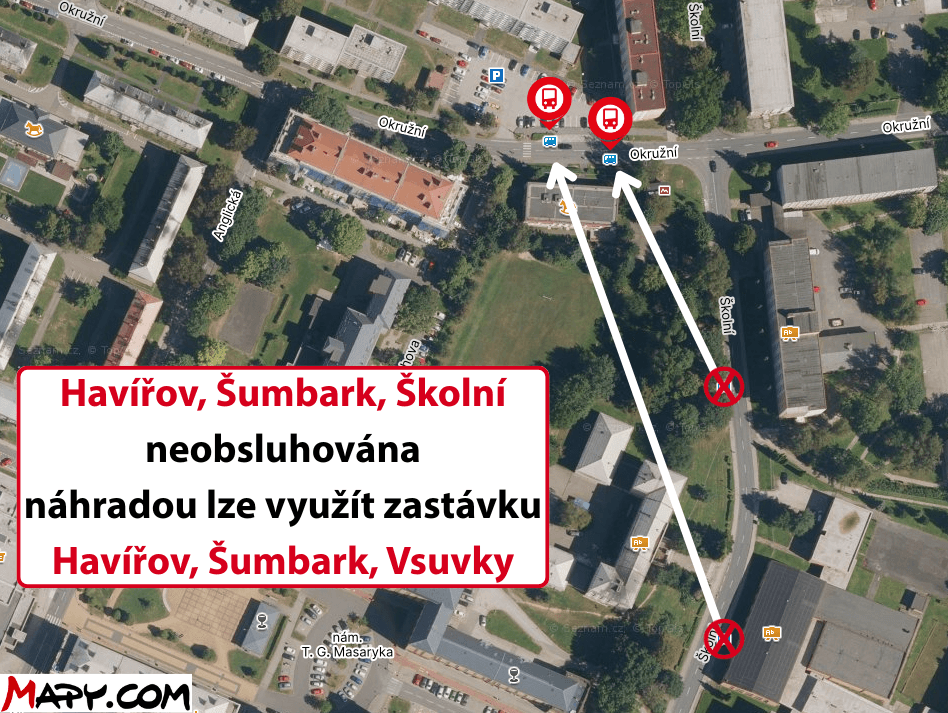 Havířov, Šumbark, Školní neobsluhována náhradou lze využít zastávku Havířov, Šumbark, Vsuvky.png