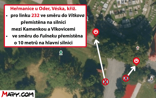 Heřmanice u Oder, Véska, křiž. pro linku 232 směr Heřmanice u Oder, křiž. přemístěna na silnici mezi Kamenkou a Vlkovicemi.png