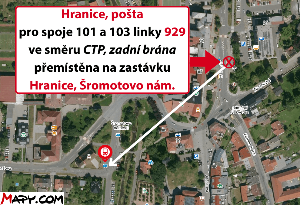 Hranice, pošta pro spoje 101 a 103 linky 929 ve směru CTP, zadní brána přemístěna na zastávku Hranice, Šromotovo nám..png
