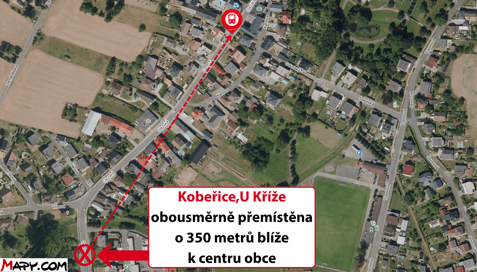 Kobeřice,U Kříže obousměrně přemístěna o 350 metrů blíže k centru obce.png