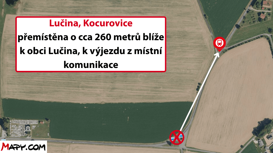 Lučina, Kocurovice přemístěna o cca 260 metrů blíže k obci Lučina, k výjezdu z místní komunikace.png