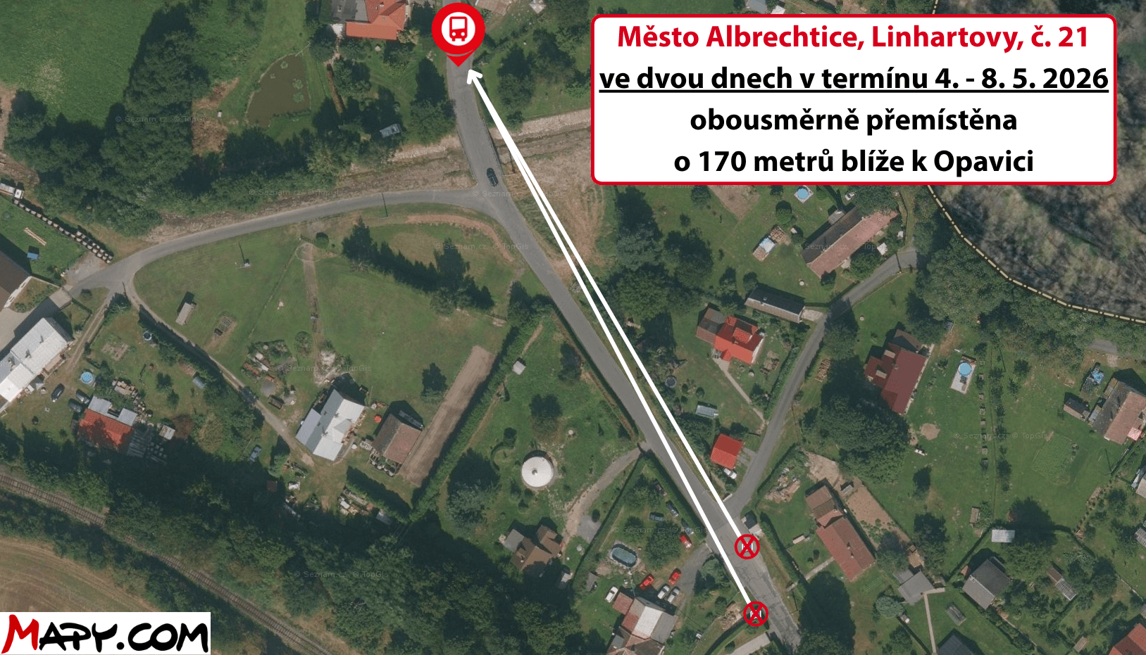 Město Albrechtice, Linhartovy, č. 21 ve dvou dnech v termínu mezi 4. a 8. 5. 2026 obousměrně přemístěna o 170 metrů blíže k Opavici.png