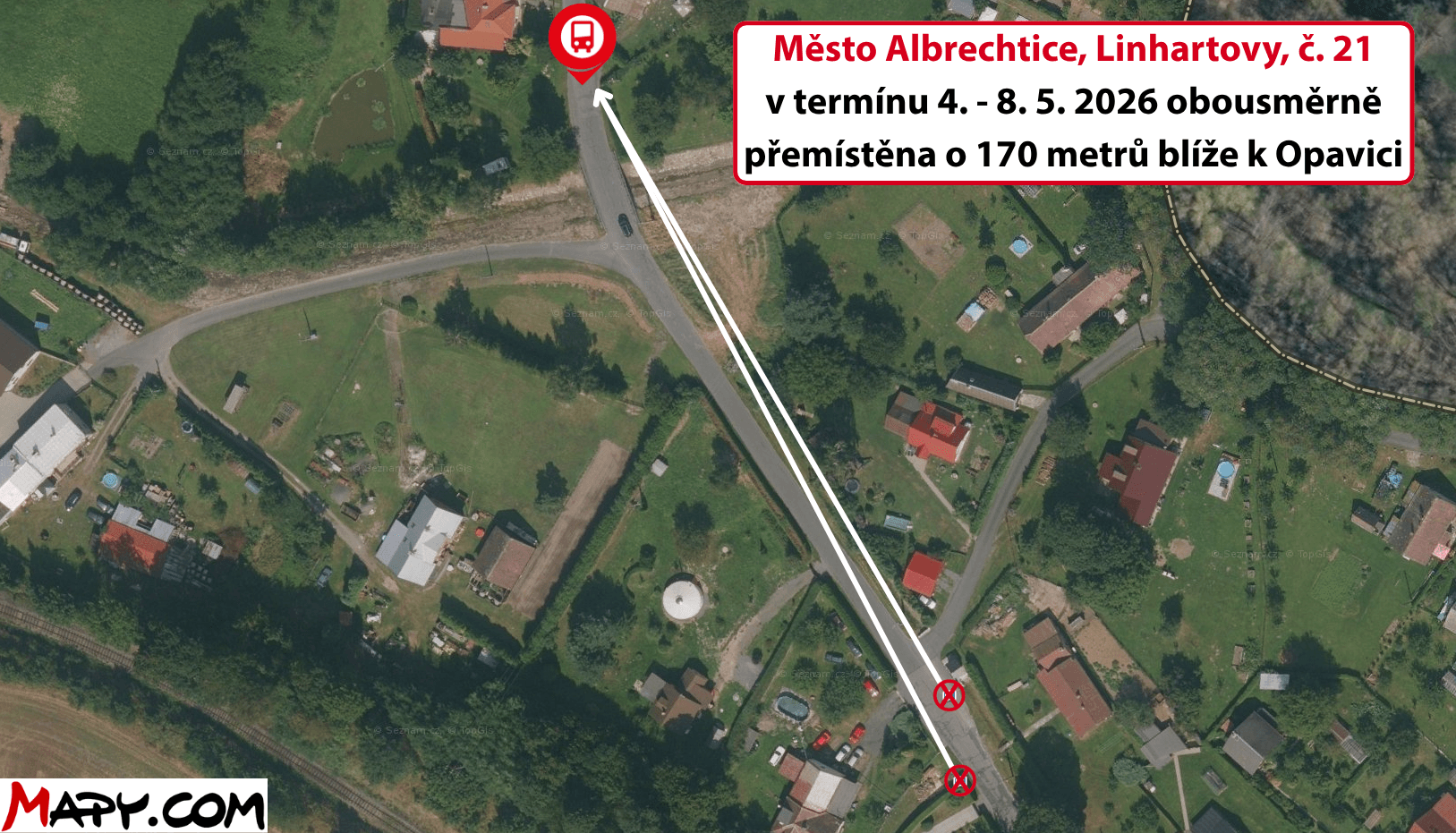 Město Albrechtice, Linhartovy, č. 21 ve dvou dnech v termínu mezi 4. a 8. 5. 2026 obousměrně přemístěna o 170 metrů blíže k Opavici.png
