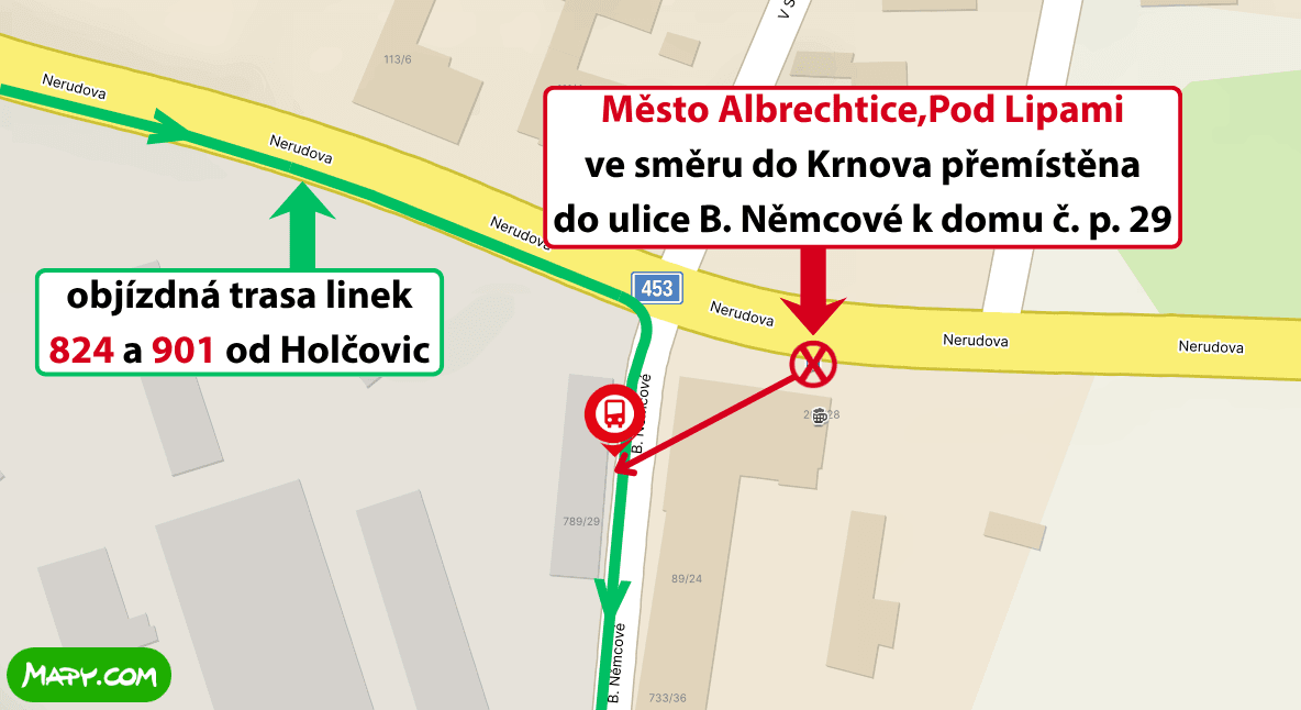 Město Albrechtice,Pod Lipami ve směru do Krnova přemístěna do ulice B. Němcové k domu č. p. 29.png