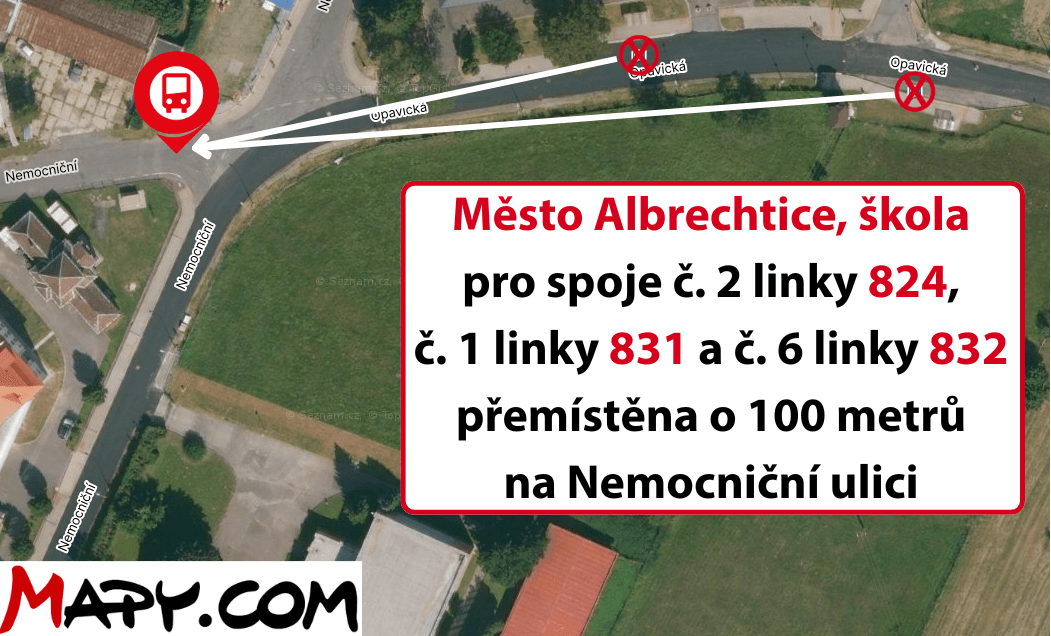 Město Albrechtice, škola obousměrně přemístěna o 100 metrů blíže k nemocnici na Nemocniční ulici.png