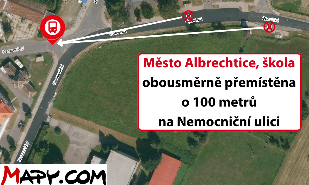 Město Albrechtice, škola obousměrně přemístěna o 100 metrů blíže k nemocnici na Nemocniční ulici.png