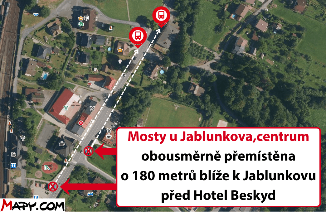 Mosty u Jablunkova,centrum obousměrně přemístěna o 180 metrů blíže k Jablunkovu před Hotel Beskyd.png