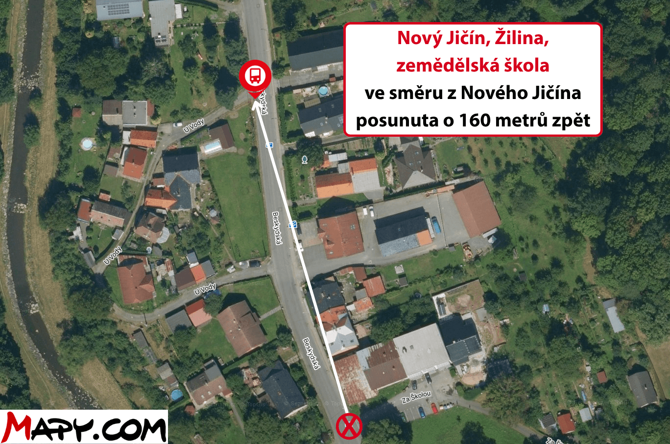 Nový Jičín, Žilina, zemědělská škola ve směru z Nového Jičína posunuta o 160 metrů zpět.png