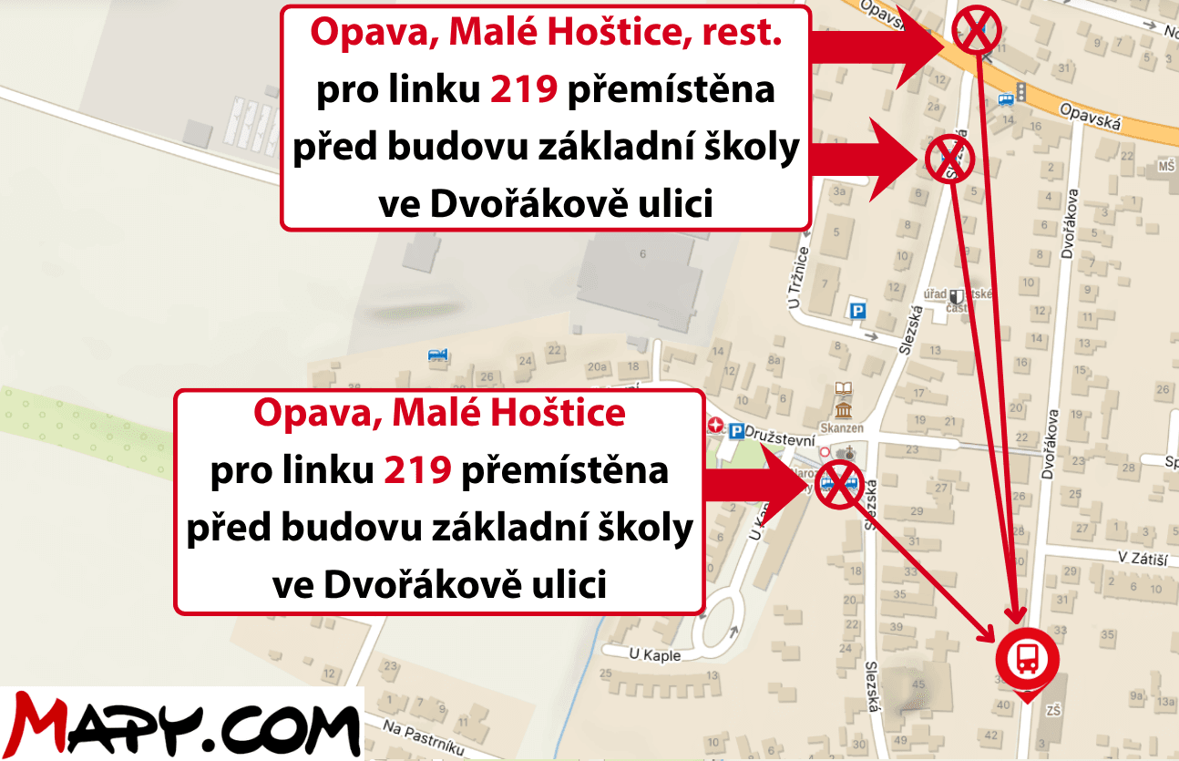 Opava, Malé Hoštice, rest. pro linku 219 přemístěna před budovu základní školy ve Dvořákově ulici.png
