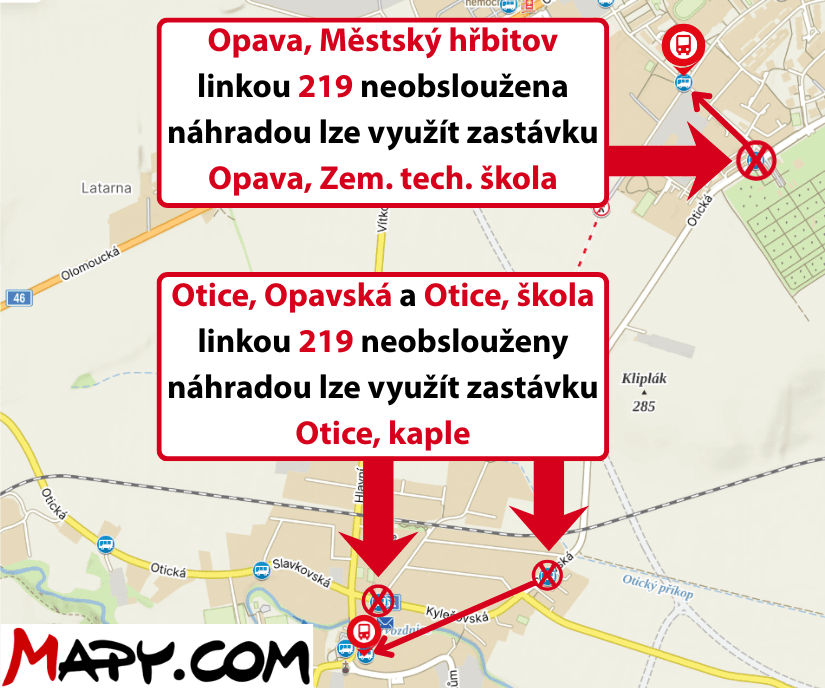 Opava, Městský hřbitov linkou 219 neobsloužena náhradou lze využít zastávku Opava, Zem. tech. škola.png