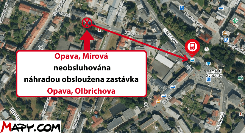 Opava, Mírová ve směru Opava, Východní nádraží neobsluhována náhradou obsloužena zastávka Opava, Olbrichova.png