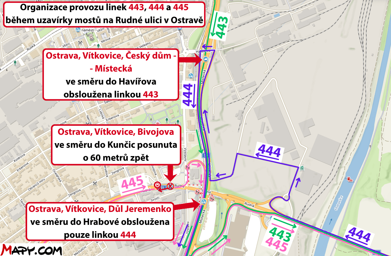 Organizace provozu linek 443, 444 a 445 během uzavírky mostů na Rudné ulici v Ostravě.png