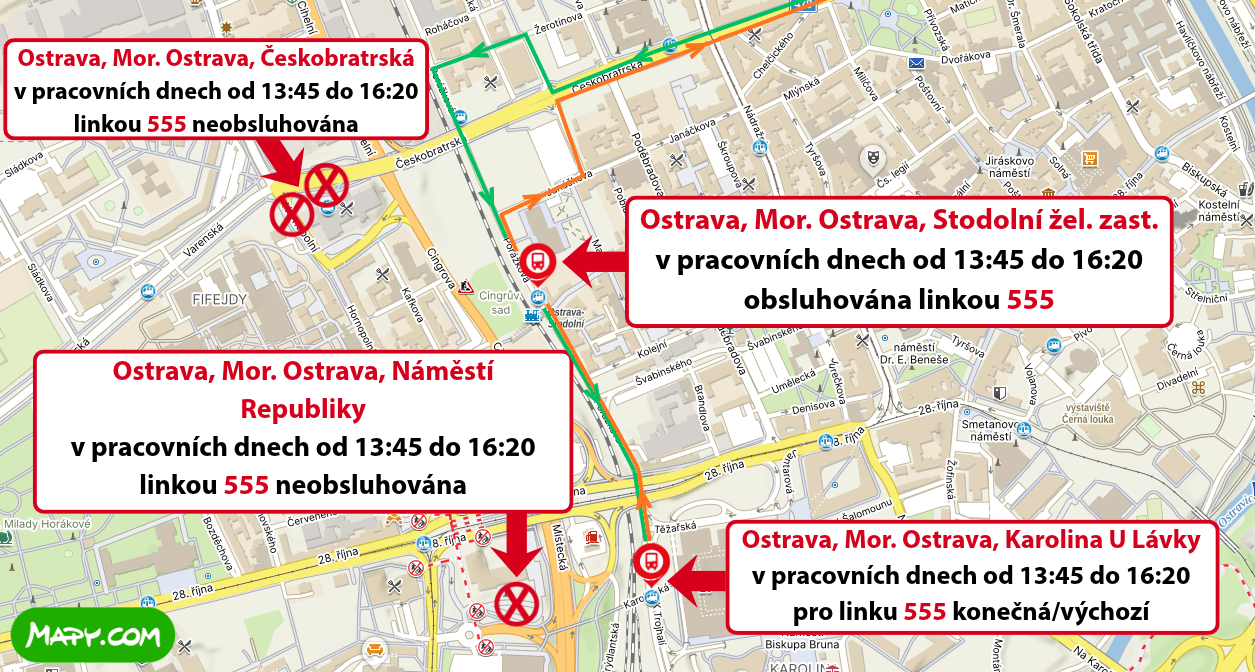 Ostrava, Mor. Ostrava, Českobratrská v pracovních dnech od 13_45 do 16_20 linkou 555 neobsluhována.png