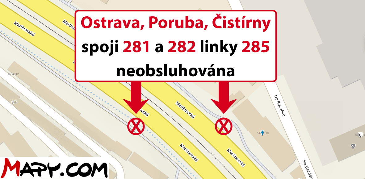 Ostrava, Poruba, Čistírny spoji 281 a 282 linky 285 neobsluhována.png