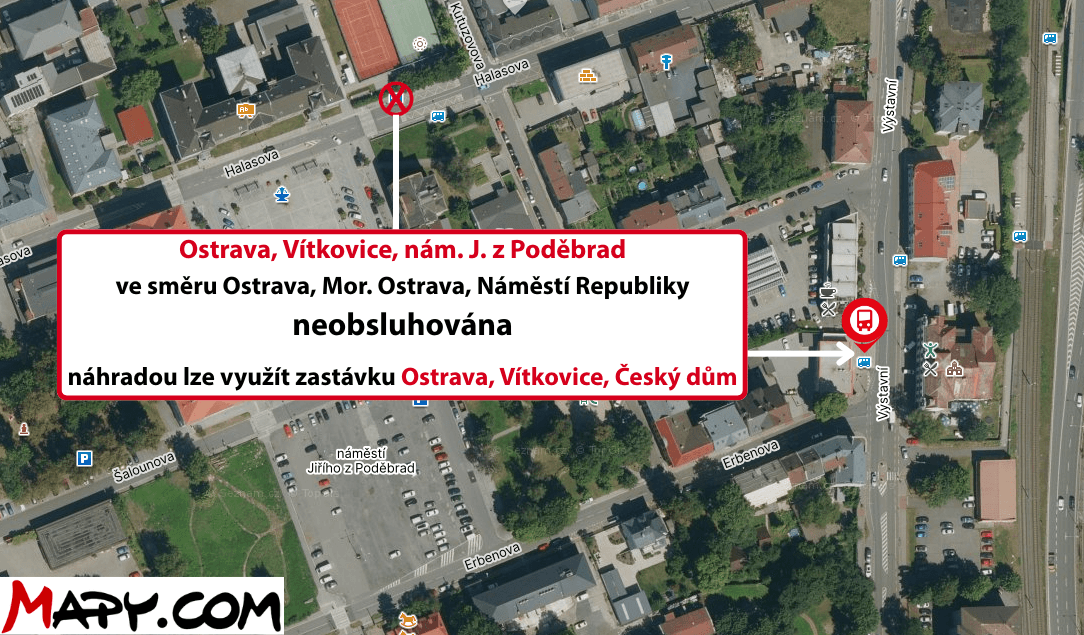Ostrava, Vítkovice, nám. J. z Poděbrad ve směru Ostrava, Mor. Ostrava, Náměstí Republiky neobsluhována náhradou lze využít zastávku Ostrava, Vítkovice, Český dům.png