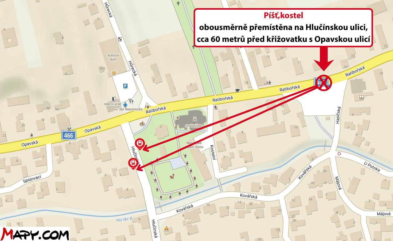 Píšť,kostel obousměrně přemístěna na Hlučínskou ulici, cca 60 metrů před křižovatku s Opavskou ulicí.png