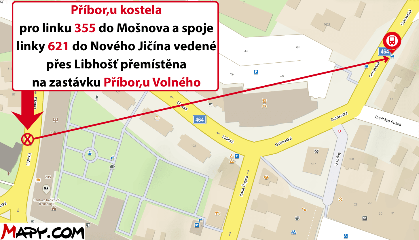 Příbor,u kostela pro linku 355 a spoje linek 621 vedené přes Libhošť přemístěna na zastávku Příbor,u Volného.png