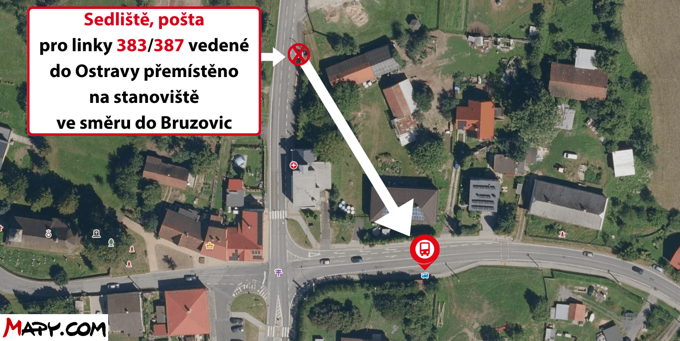 Sedliště, pošta pro linky 383+387 ve směru Ostrava, Hranečník přemístěno na stanoviště ve směru do Bruzovic.png