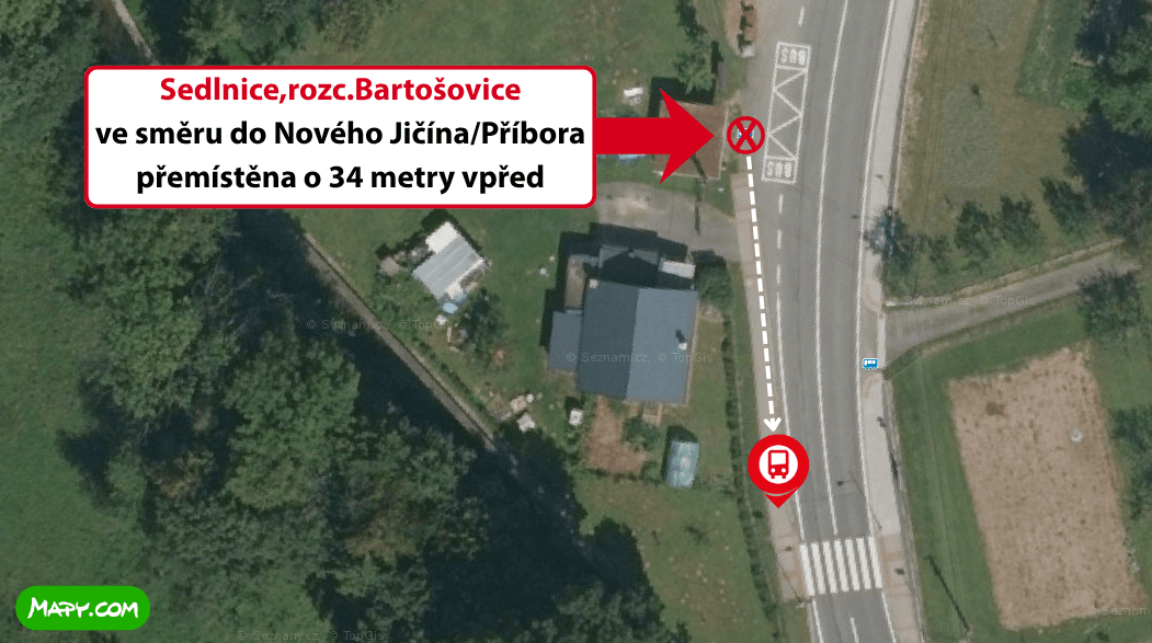 Sedlnice,rozc.Bartošovice ve směru do Nového JičínaPříbora přemístěna o 34 metry vpřed.png