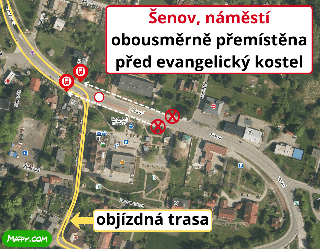 Šenov, náměstí obousměrně přemístěna před evangelický kostel.png