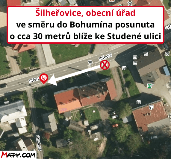 Šilheřovice, obecní úřad ve směru do Bohumína posunuta o cca 30 metrů blíže ke Studené ulici.png