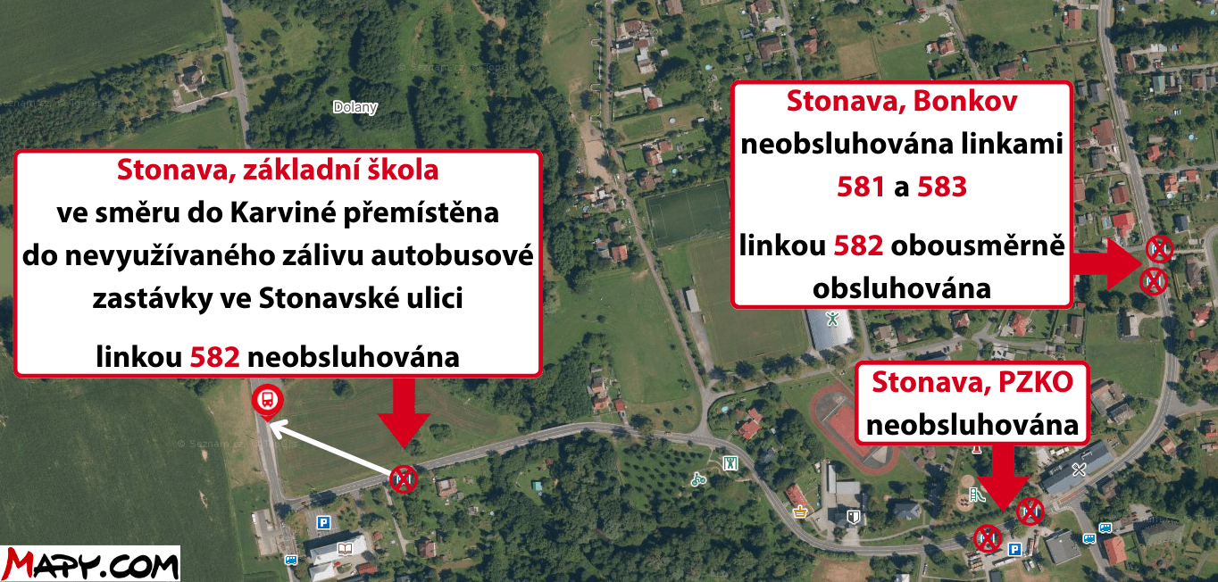 Stonava, základní škola ve směru do Karviné přemístěna na Stonavskou ulici do nevyužívaného zálivu autobusové zastávky.png